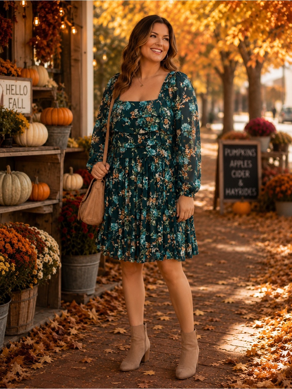 ARULA Teal Floral Long-Sleeve Square-Neck Mini Dress